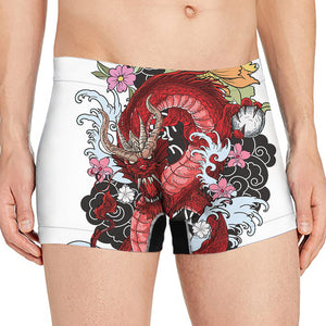 Red Japanese Dragon Tattoo Print Men's Boxer Briefs