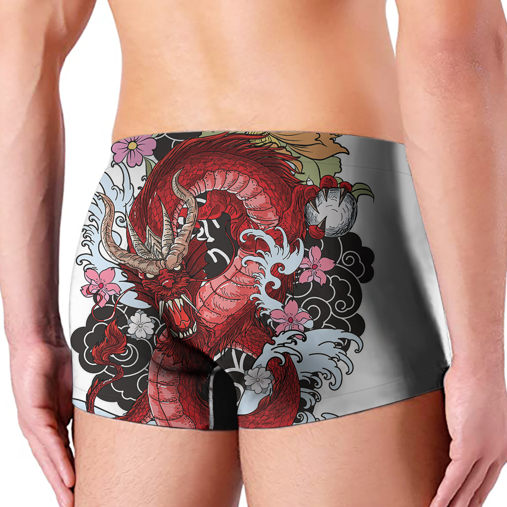 Red Japanese Dragon Tattoo Print Men's Boxer Briefs