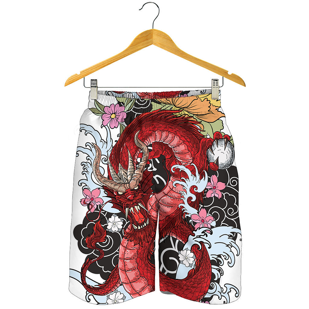 Red Japanese Dragon Tattoo Print Men's Shorts