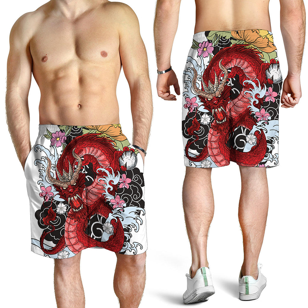 Red Japanese Dragon Tattoo Print Men's Shorts