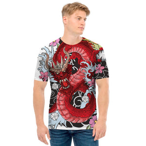 Red Japanese Dragon Tattoo Print Men's T-Shirt