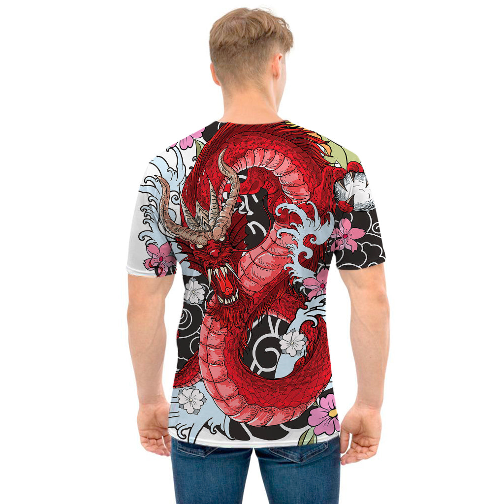 Red Japanese Dragon Tattoo Print Men's T-Shirt