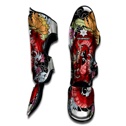 Red Japanese Dragon Tattoo Print Muay Thai Shin Guard