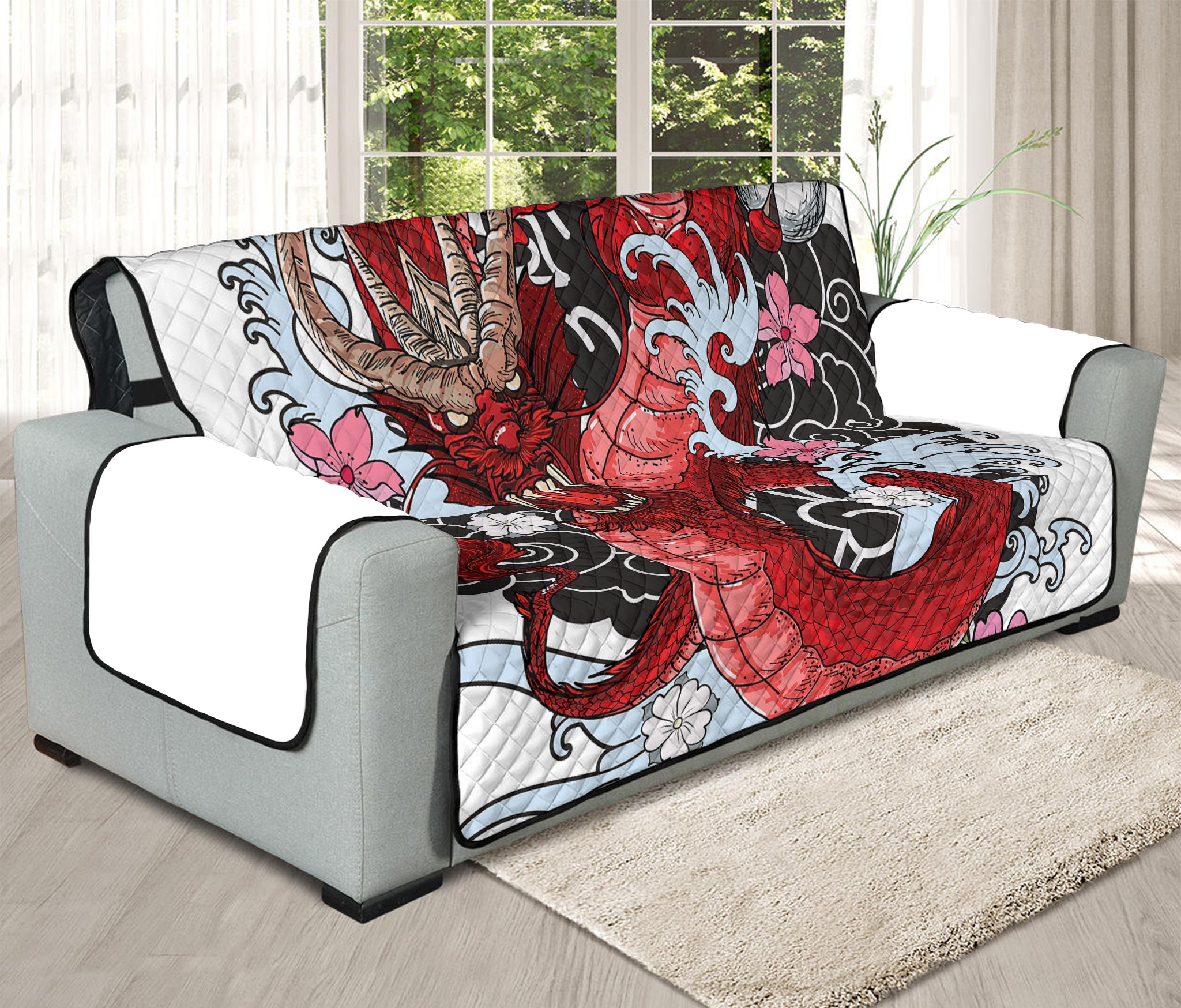 Red Japanese Dragon Tattoo Print Oversized Sofa Protector