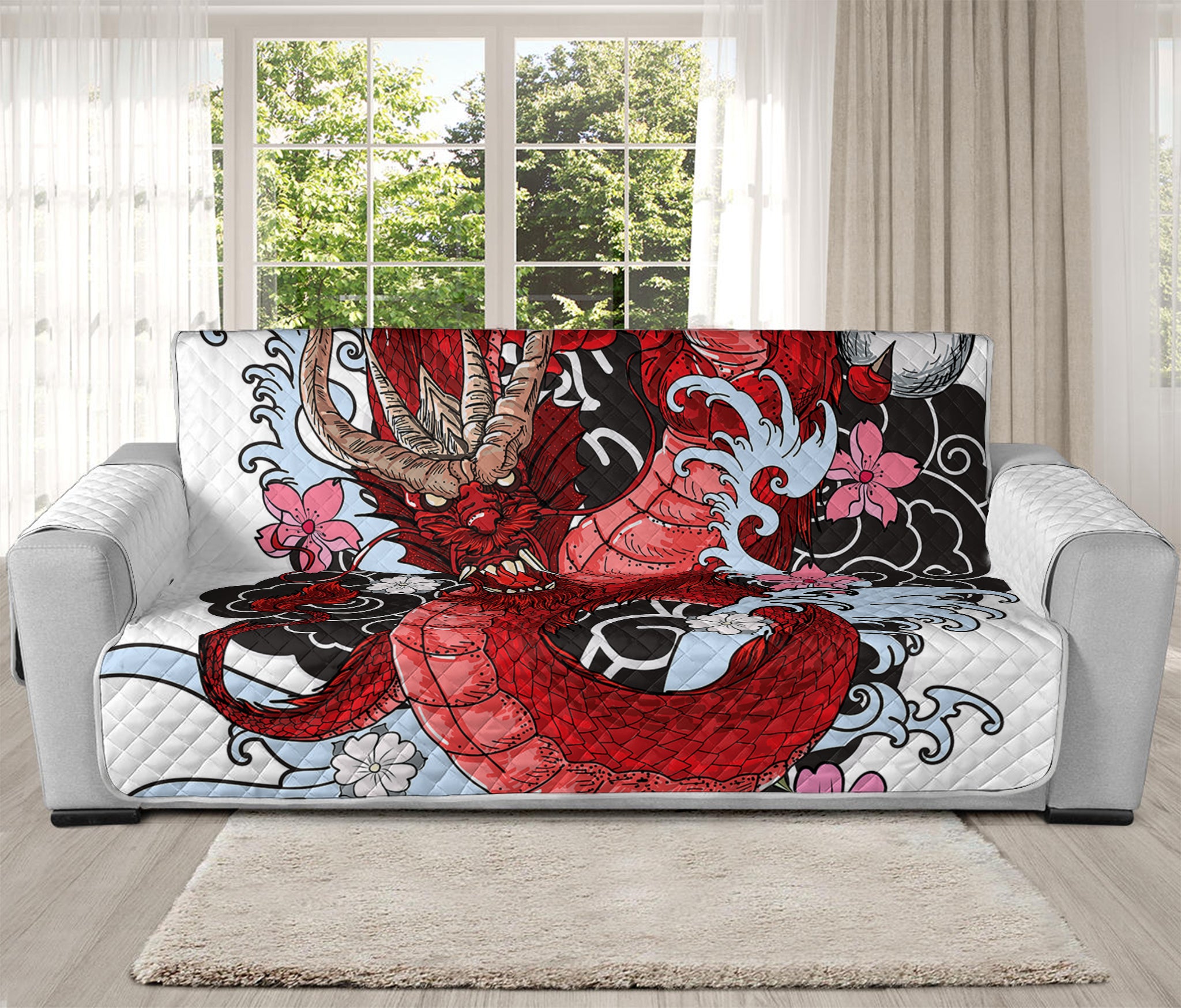 Red Japanese Dragon Tattoo Print Oversized Sofa Protector