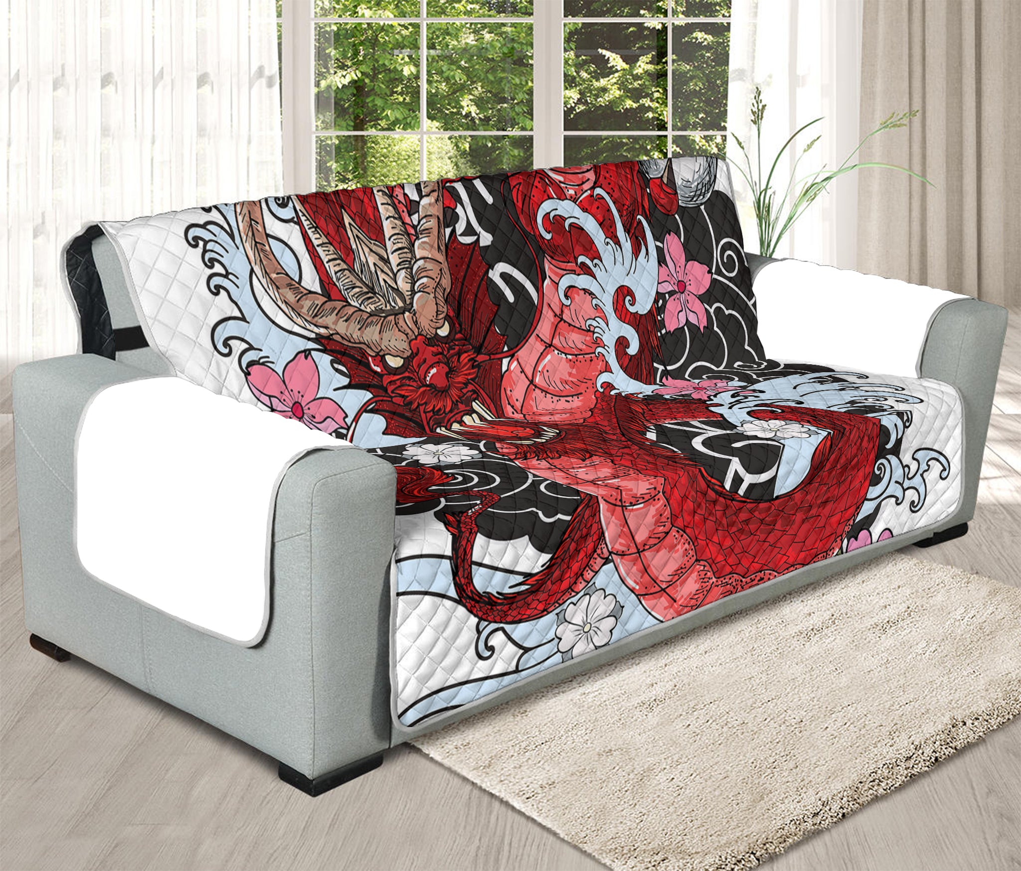 Red Japanese Dragon Tattoo Print Oversized Sofa Protector