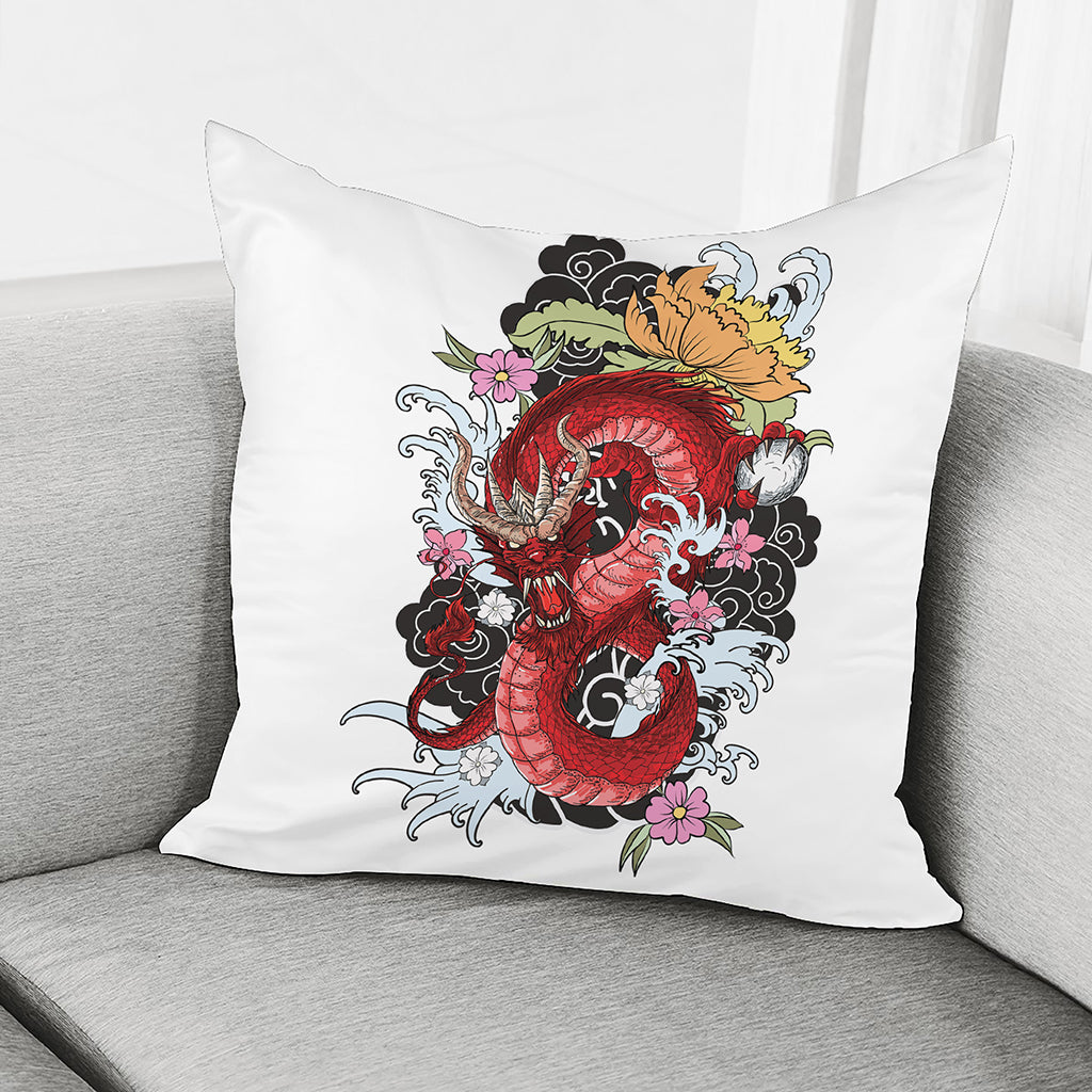 Red Japanese Dragon Tattoo Print Pillow Cover