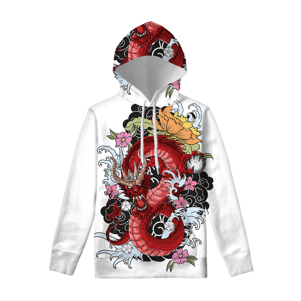 Red Japanese Dragon Tattoo Print Pullover Hoodie