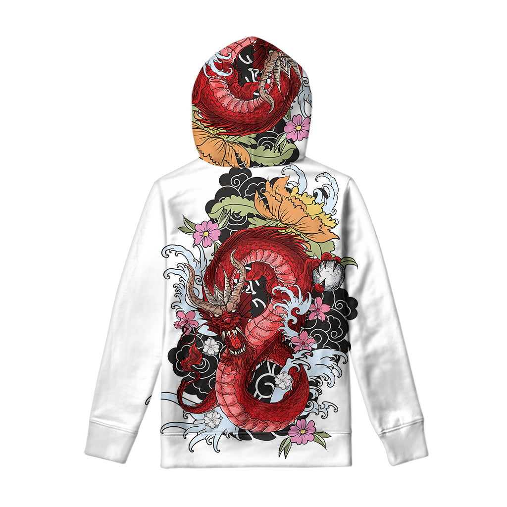 Red Japanese Dragon Tattoo Print Pullover Hoodie