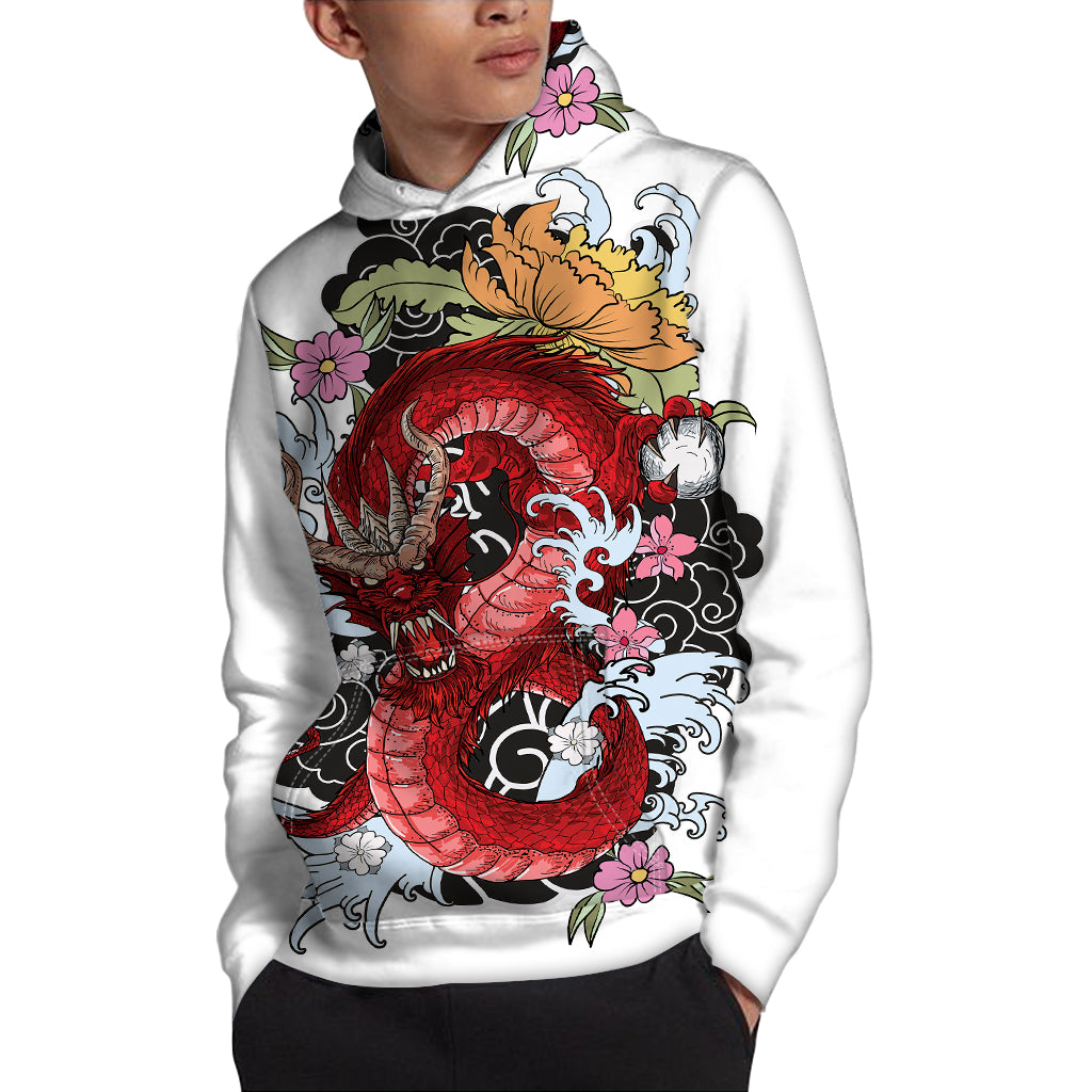 Red Japanese Dragon Tattoo Print Pullover Hoodie