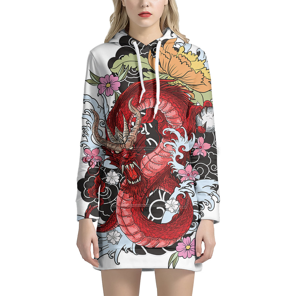Red Japanese Dragon Tattoo Print Pullover Hoodie Dress