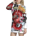 Red Japanese Dragon Tattoo Print Pullover Hoodie Dress