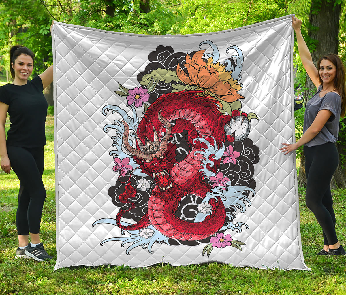 Red Japanese Dragon Tattoo Print Quilt