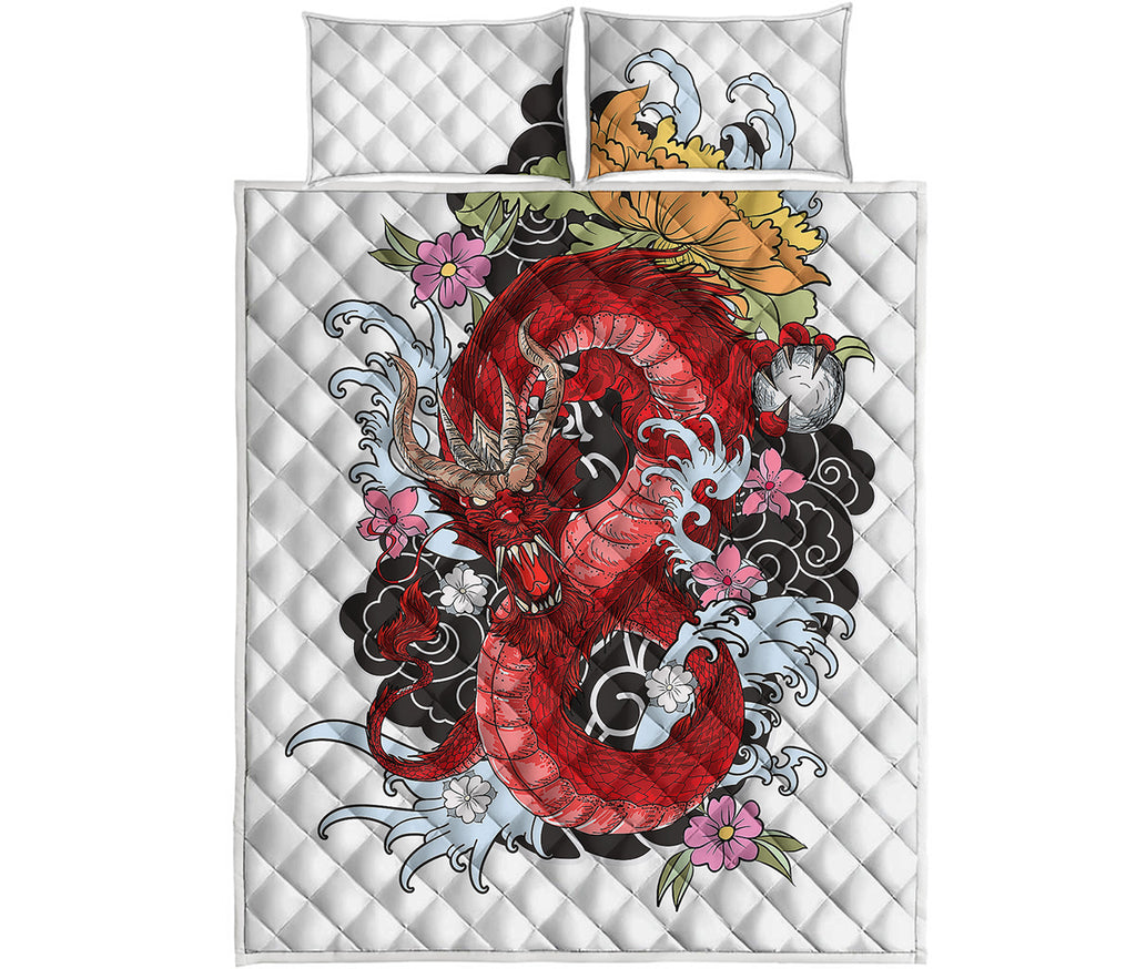 Red Japanese Dragon Tattoo Print Quilt Bed Set