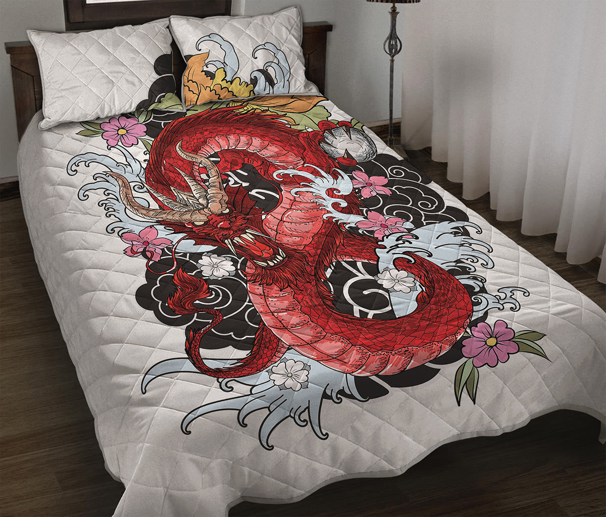 Red Japanese Dragon Tattoo Print Quilt Bed Set