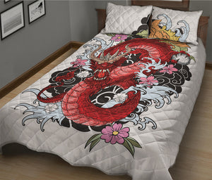 Red Japanese Dragon Tattoo Print Quilt Bed Set