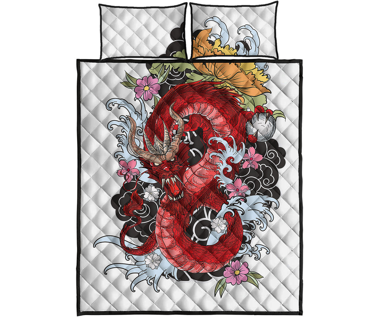 Red Japanese Dragon Tattoo Print Quilt Bed Set