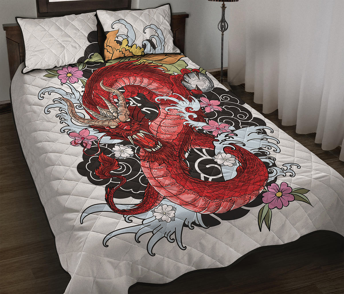 Red Japanese Dragon Tattoo Print Quilt Bed Set