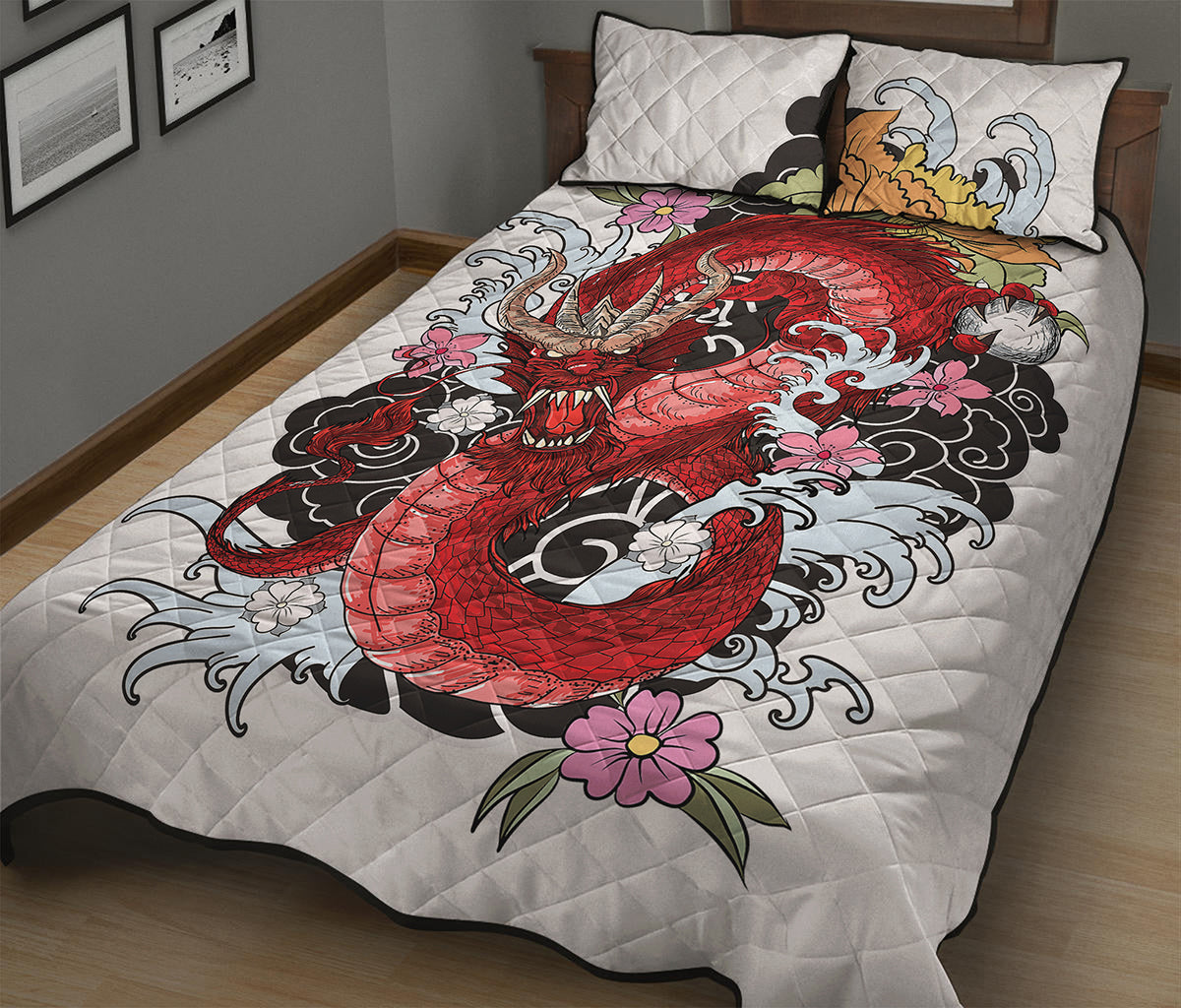 Red Japanese Dragon Tattoo Print Quilt Bed Set