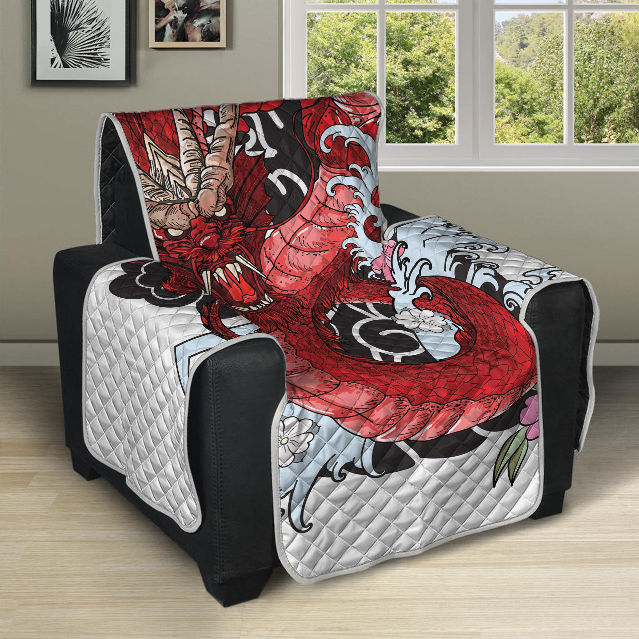 Red Japanese Dragon Tattoo Print Recliner Protector