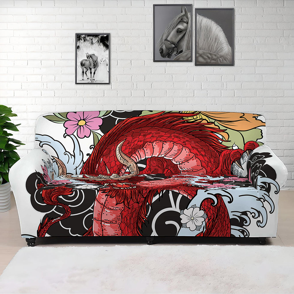 Red Japanese Dragon Tattoo Print Sofa Cover