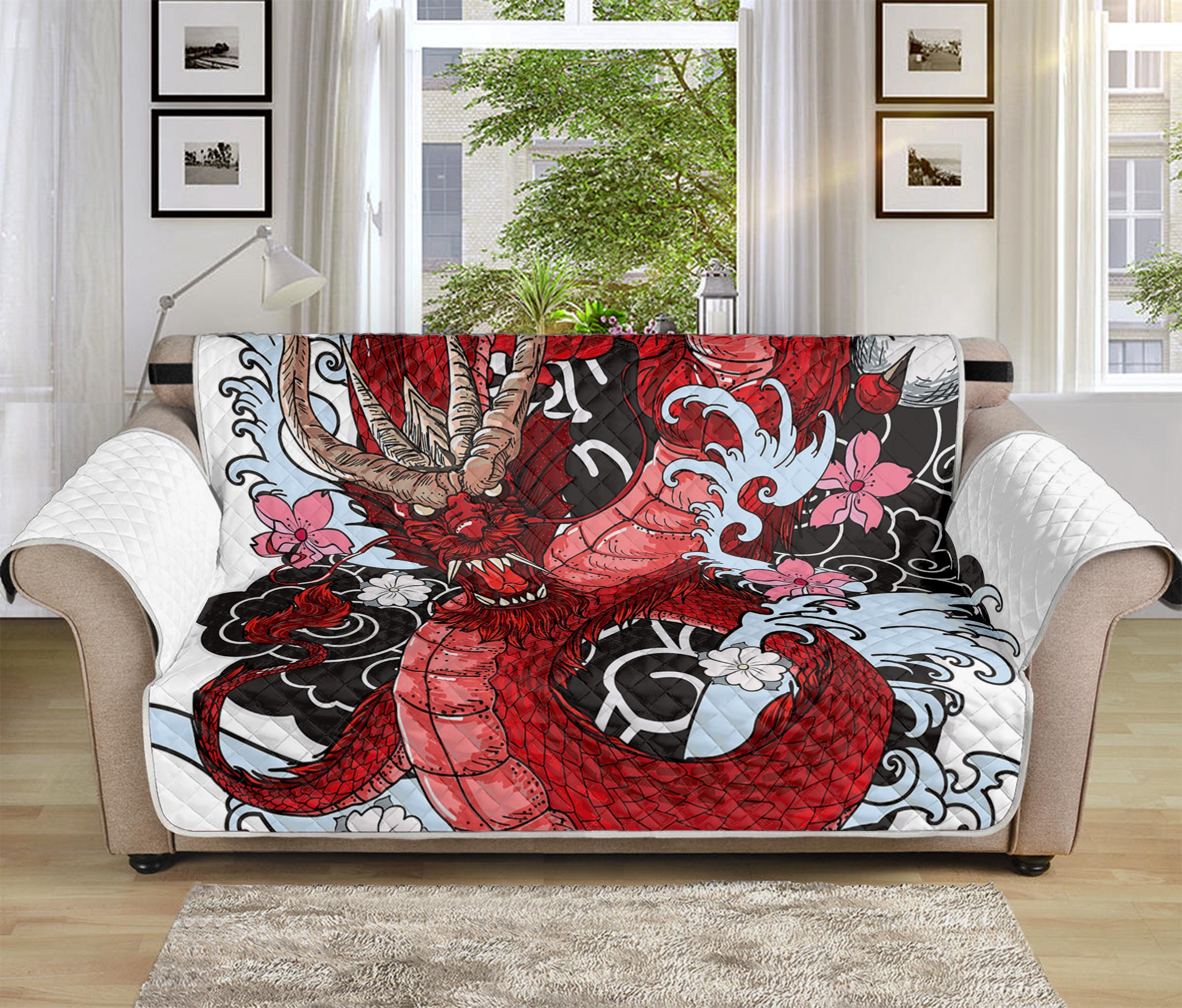 Red Japanese Dragon Tattoo Print Sofa Protector