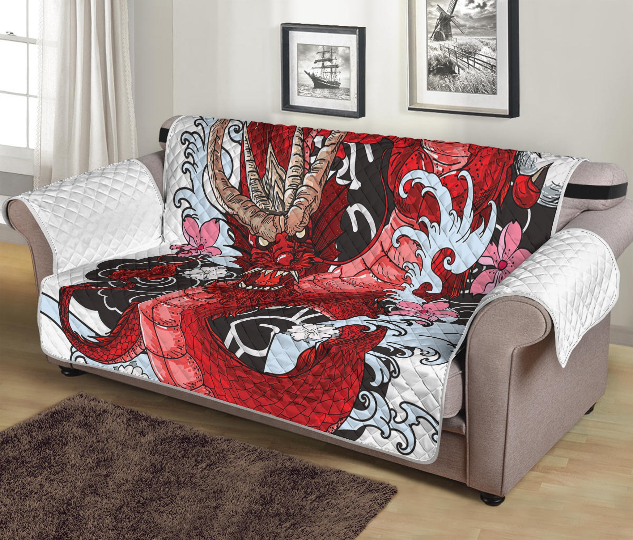 Red Japanese Dragon Tattoo Print Sofa Protector