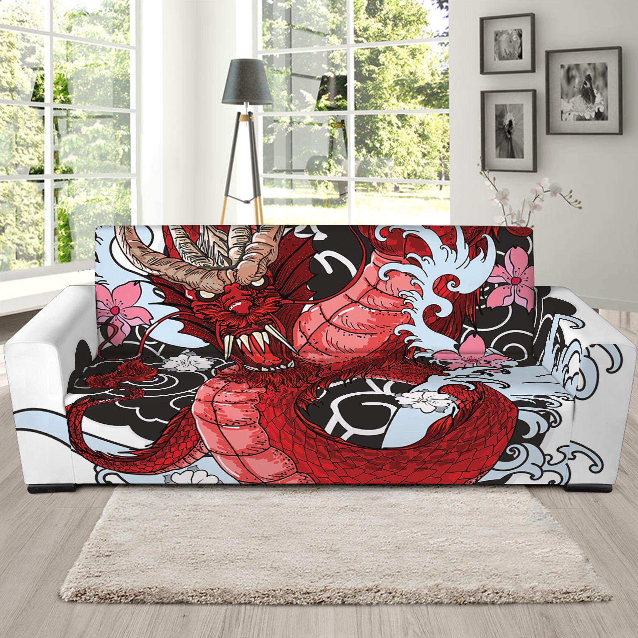 Red Japanese Dragon Tattoo Print Sofa Slipcover