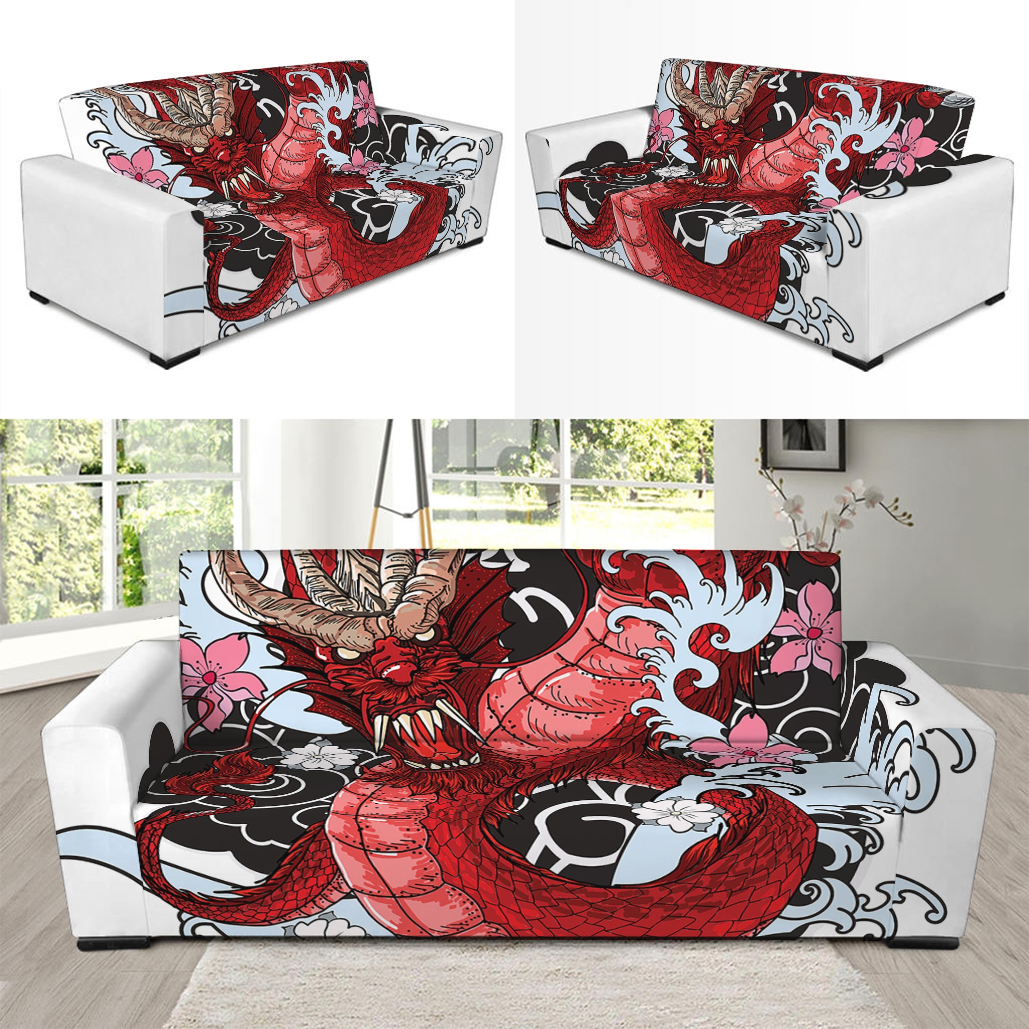 Red Japanese Dragon Tattoo Print Sofa Slipcover