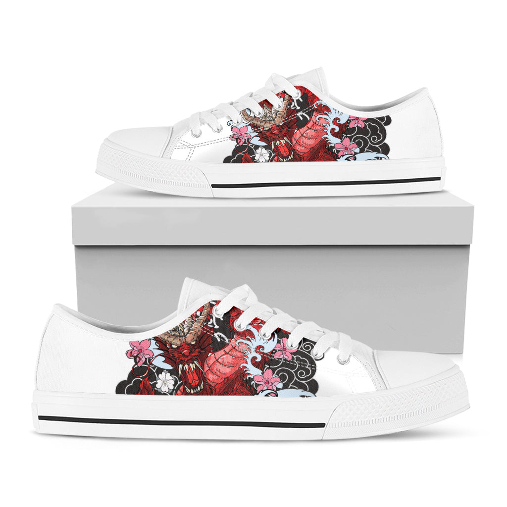 Red Japanese Dragon Tattoo Print White Low Top Shoes