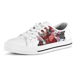 Red Japanese Dragon Tattoo Print White Low Top Shoes