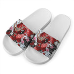 Red Japanese Dragon Tattoo Print White Slide Sandals