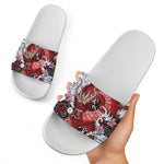 Red Japanese Dragon Tattoo Print White Slide Sandals