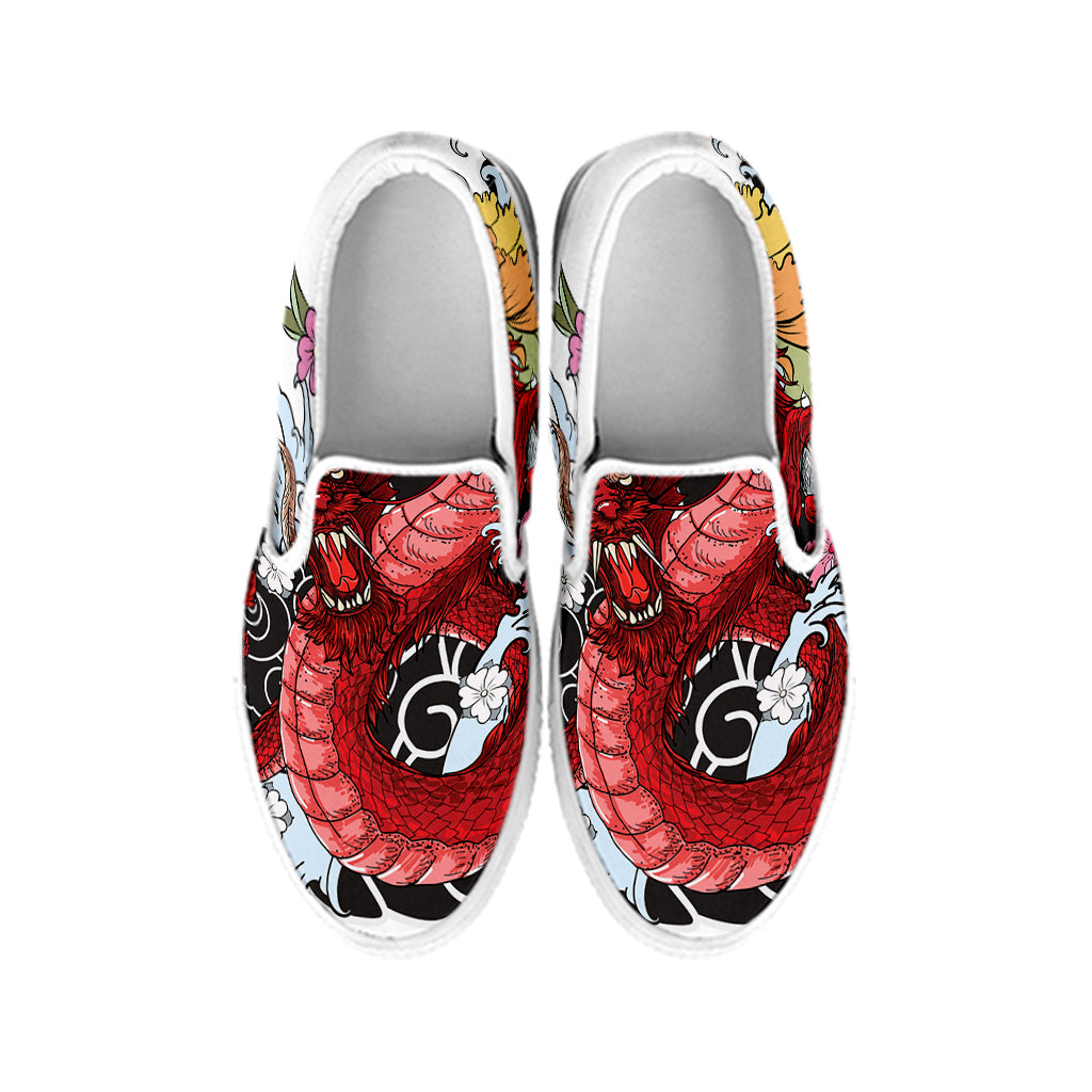 Red Japanese Dragon Tattoo Print White Slip On Shoes