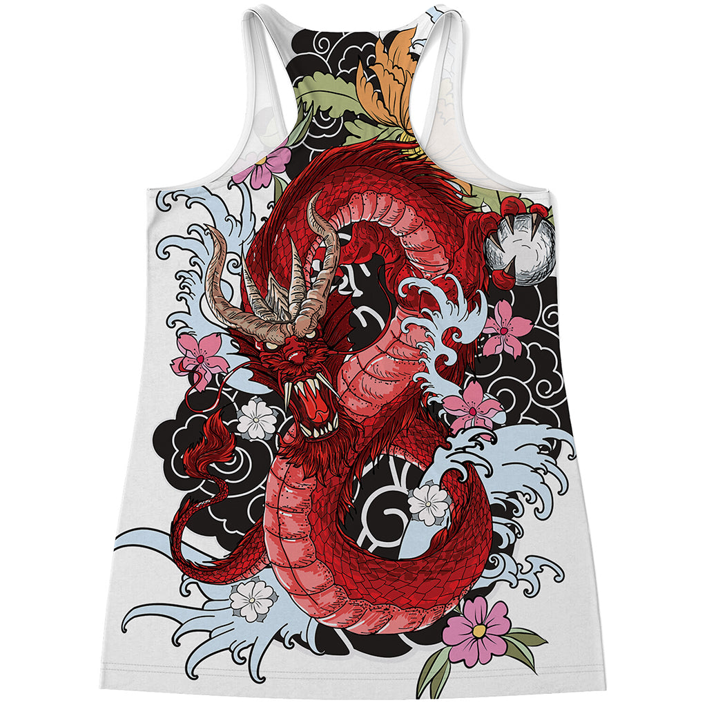 Red Japanese Dragon Tattoo Print Women's Racerback Tank Top