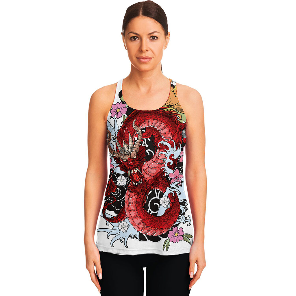 Red Japanese Dragon Tattoo Print Women's Racerback Tank Top