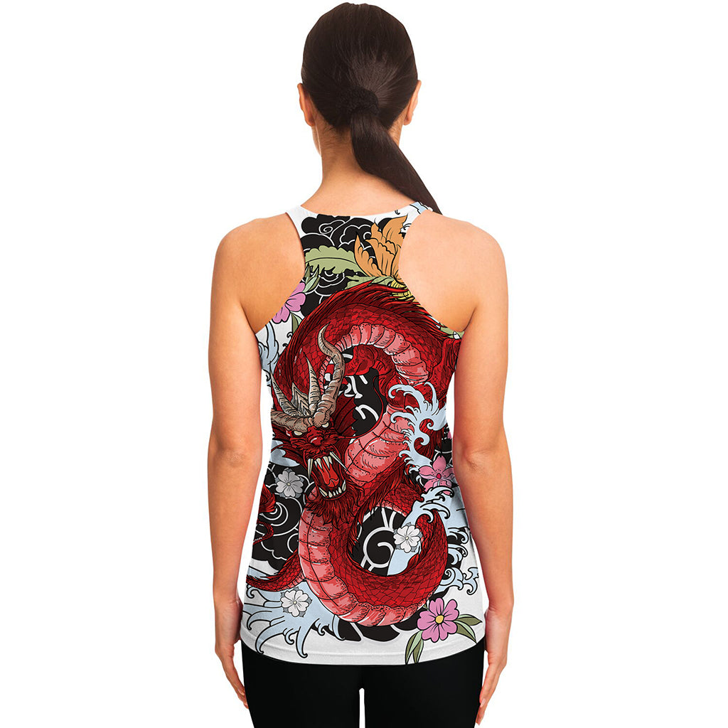 Red Japanese Dragon Tattoo Print Women's Racerback Tank Top