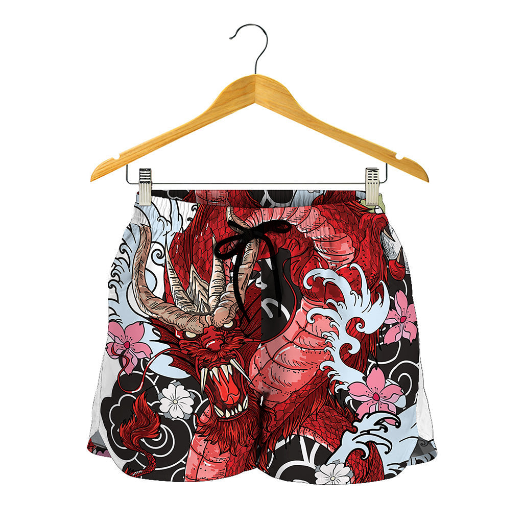 Red Japanese Dragon Tattoo Print Women's Shorts