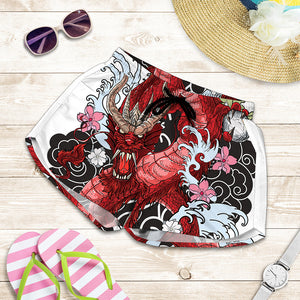 Red Japanese Dragon Tattoo Print Women's Shorts