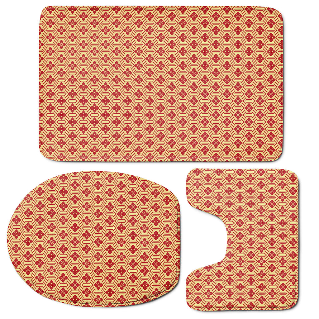 Red Japanese Flower Pattern Print 3 Piece Bath Mat Set
