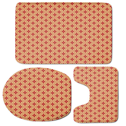 Red Japanese Flower Pattern Print 3 Piece Bath Mat Set