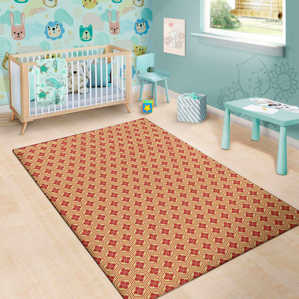 Red Japanese Flower Pattern Print Area Rug