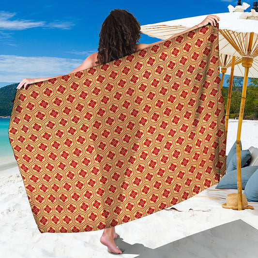 Red Japanese Flower Pattern Print Beach Sarong Wrap