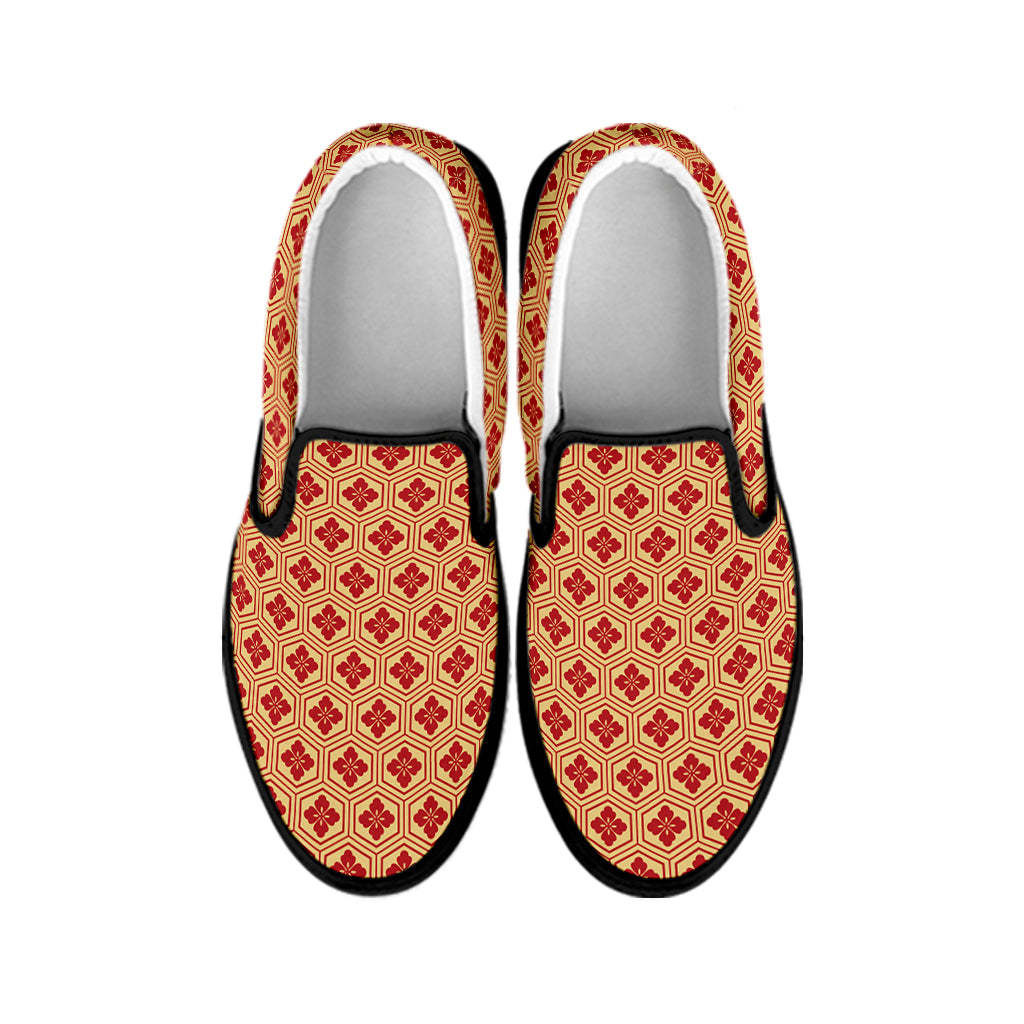 Red Japanese Flower Pattern Print Black Slip On Shoes