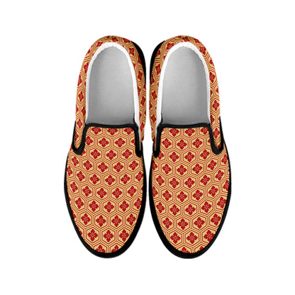 Red Japanese Flower Pattern Print Black Slip On Shoes