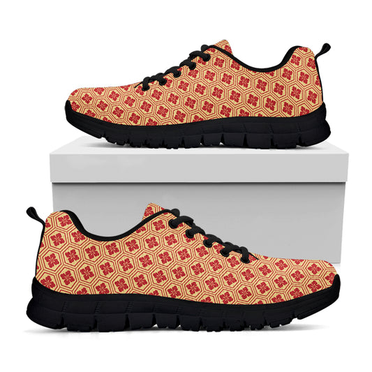 Red Japanese Flower Pattern Print Black Sneakers