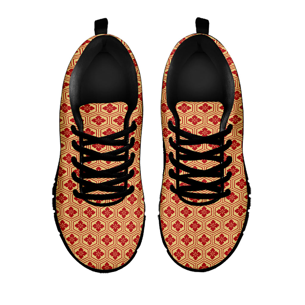 Red Japanese Flower Pattern Print Black Sneakers