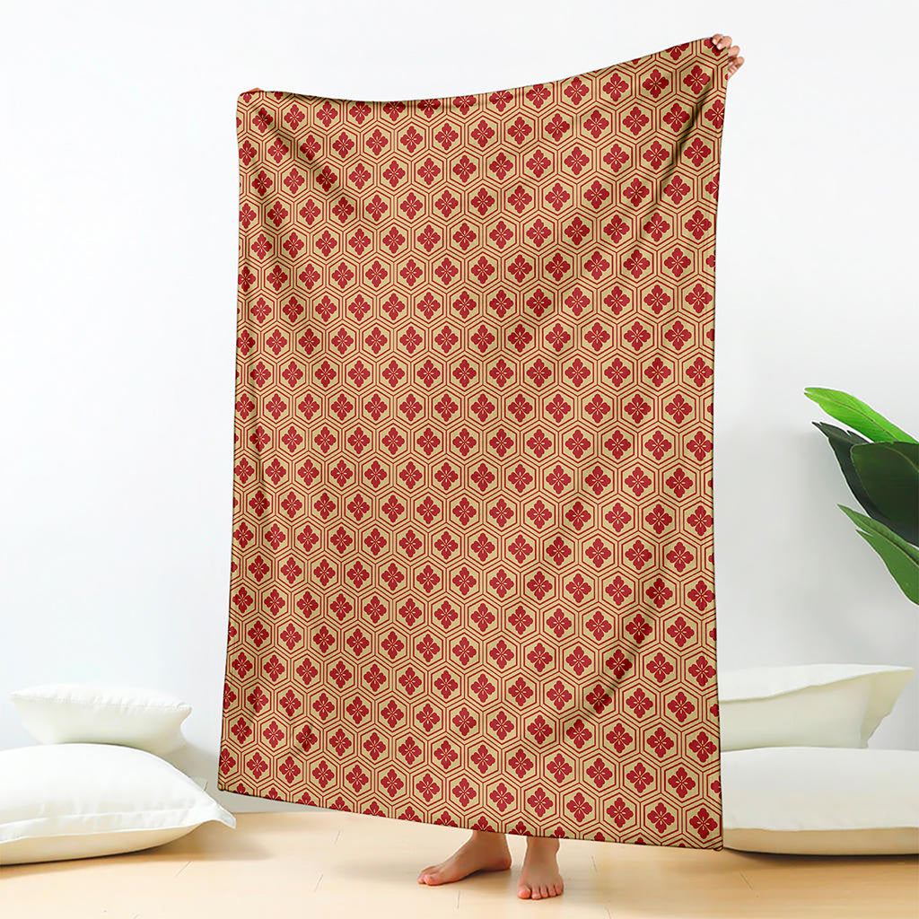 Red Japanese Flower Pattern Print Blanket