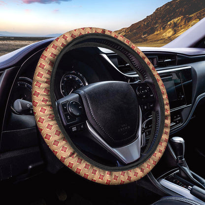 Red Japanese Flower Pattern Print Car Steering Wheel Cover