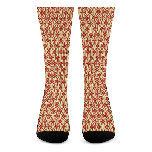 Red Japanese Flower Pattern Print Crew Socks
